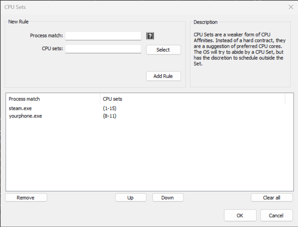 CPU Sets rules list dialog