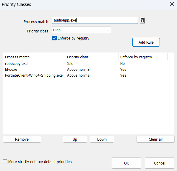 Default priority class dialog in Process Lasso