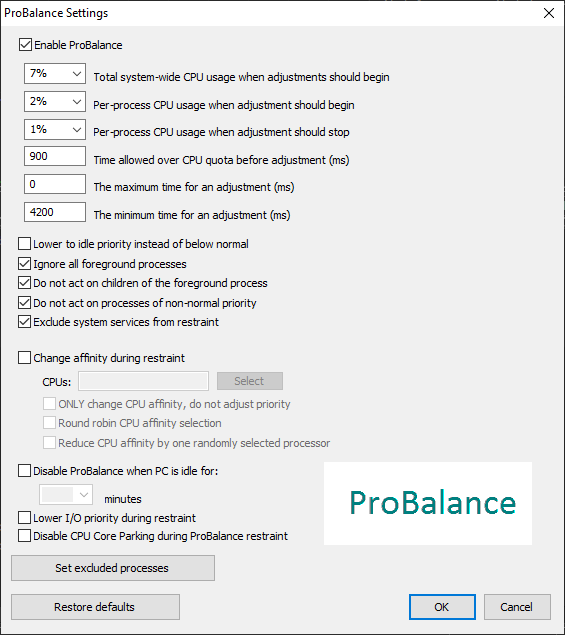 ProBalance Settings dialog with CPU thresholds and exclusion options
